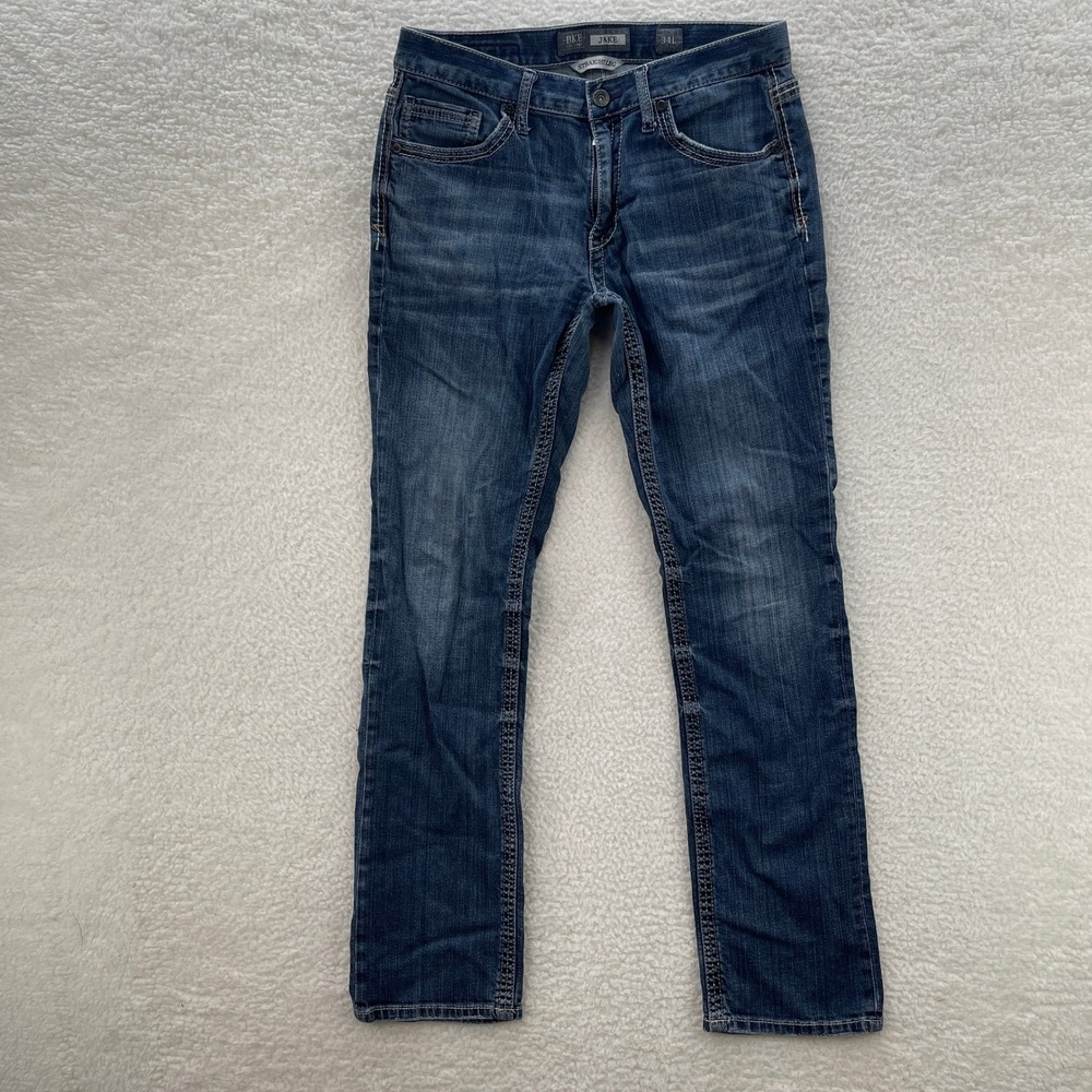 BKE Jeans Mens 34 L Blue Medium Wash Jake Straight Denim Whisker Grunge Y2K 90s